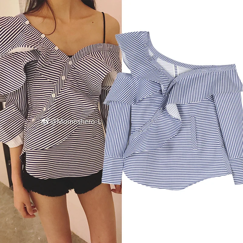 

New striped irregular Strapless lotus sexy big V shirt collar shirt