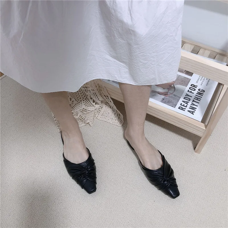 

Summer sandals ladies low-heeled leather toe caps Spring new fashion stiletto Muller sandals bow flat half-drag sandals