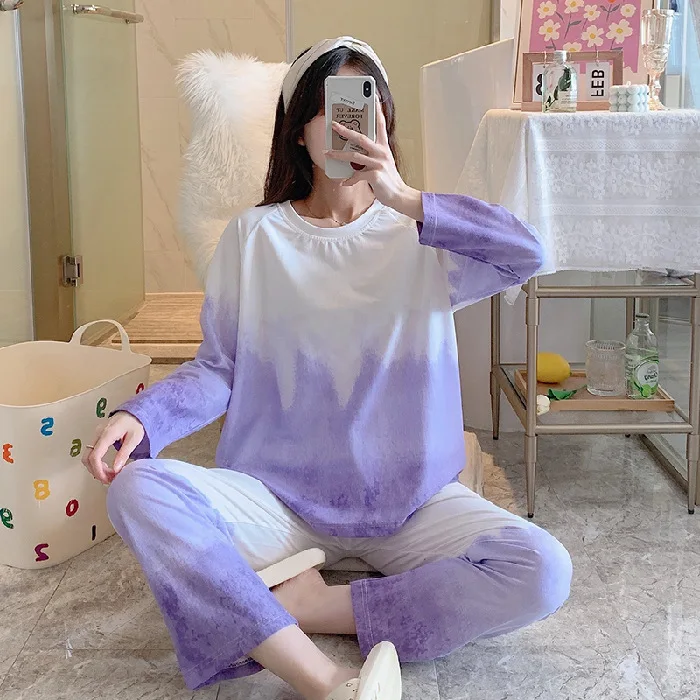 

Spring Autumn New Cotton 2PCS Pajamas Suit Women Gradient Loose Sleepwear O-Neck T-shirt&Pant Home Wear Lounge Nightwear M-XXL