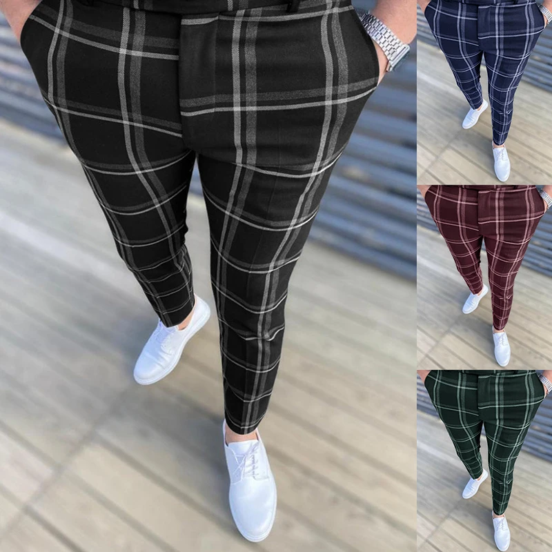 

Men's White Line Stripe Large Lattice Leisure Slim Trousers Men Business Casual Pants Fashion Male Pants Clothing
