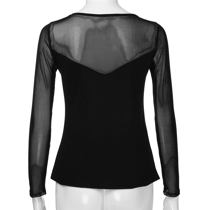 Сетчатые топы Женская Сексуальная футболка с длинным рукавом прозрачная