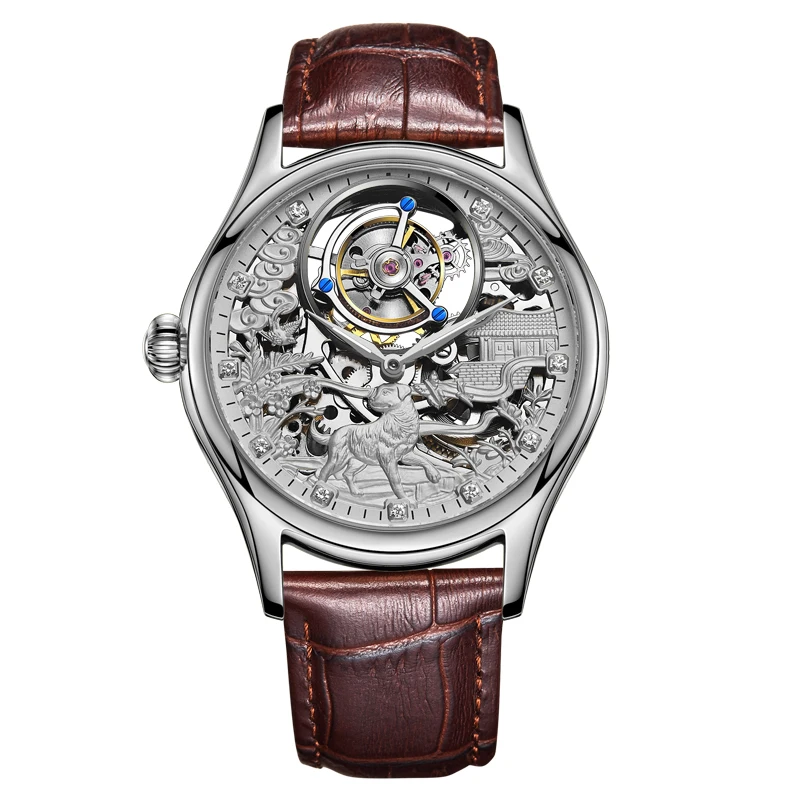 B Guanqin мужские часы Tourbillon часы со скелетом сапфировые Водонепроницаемые кожаные роскошные оригинальные брендовые часы с собакой - Цвет: B
