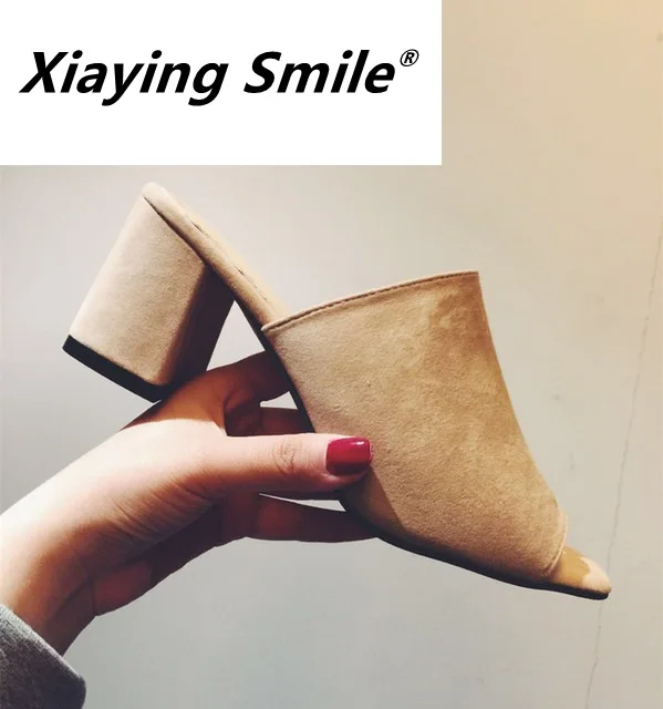 Женские замшевые сандалии и тапочки Xiaying Smile модные босоножки на высоком каблуке
