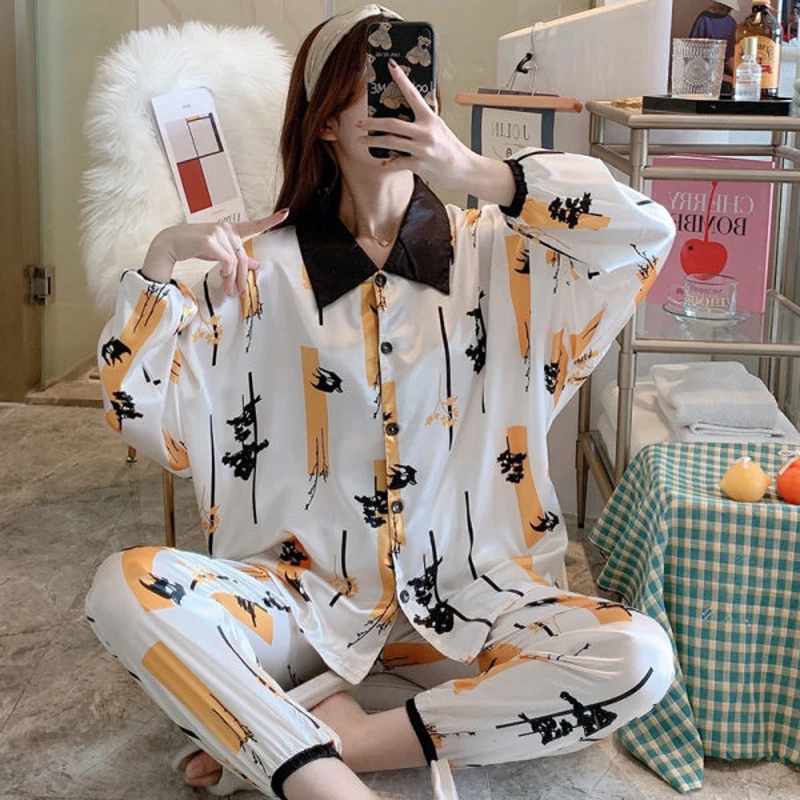 

Plus Size Silk Women Pajamas Set Fancy Print Ladies Sleepwear Soft Homewear Suit Casual Loose Pyjamas Fashion Party Nightwear