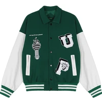 men pu leather stitching sleeve varsity jackets couple fun letter embroidery baseball uniform hip hop loose green jacket coats