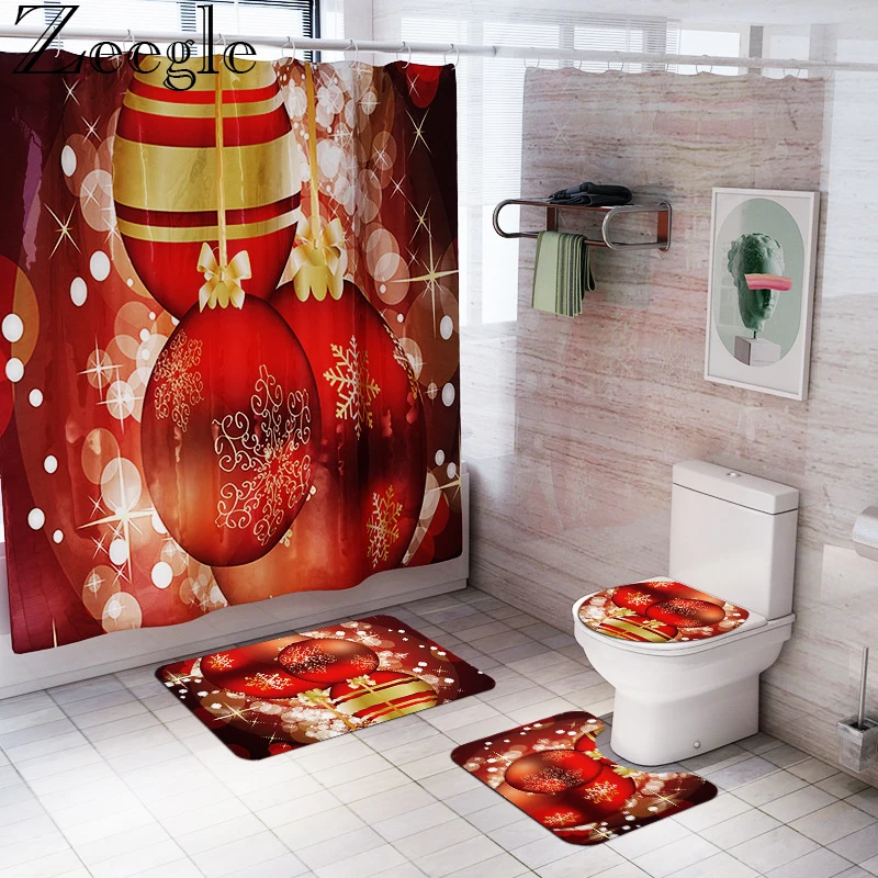 

Zeegle Christmas Bathroom Curtain Waterproof Shower Curtain Anti-slip Bathroom Carpet Set Absorbent Shower Mat Toilet Cover Mat