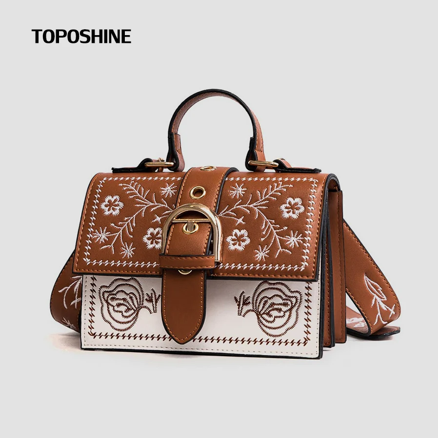 

Toposhine Embroidery Women Bag Panelled Vintage Small Female Bags for Girls Black PU Leather Women Messenger Bags Free Gift