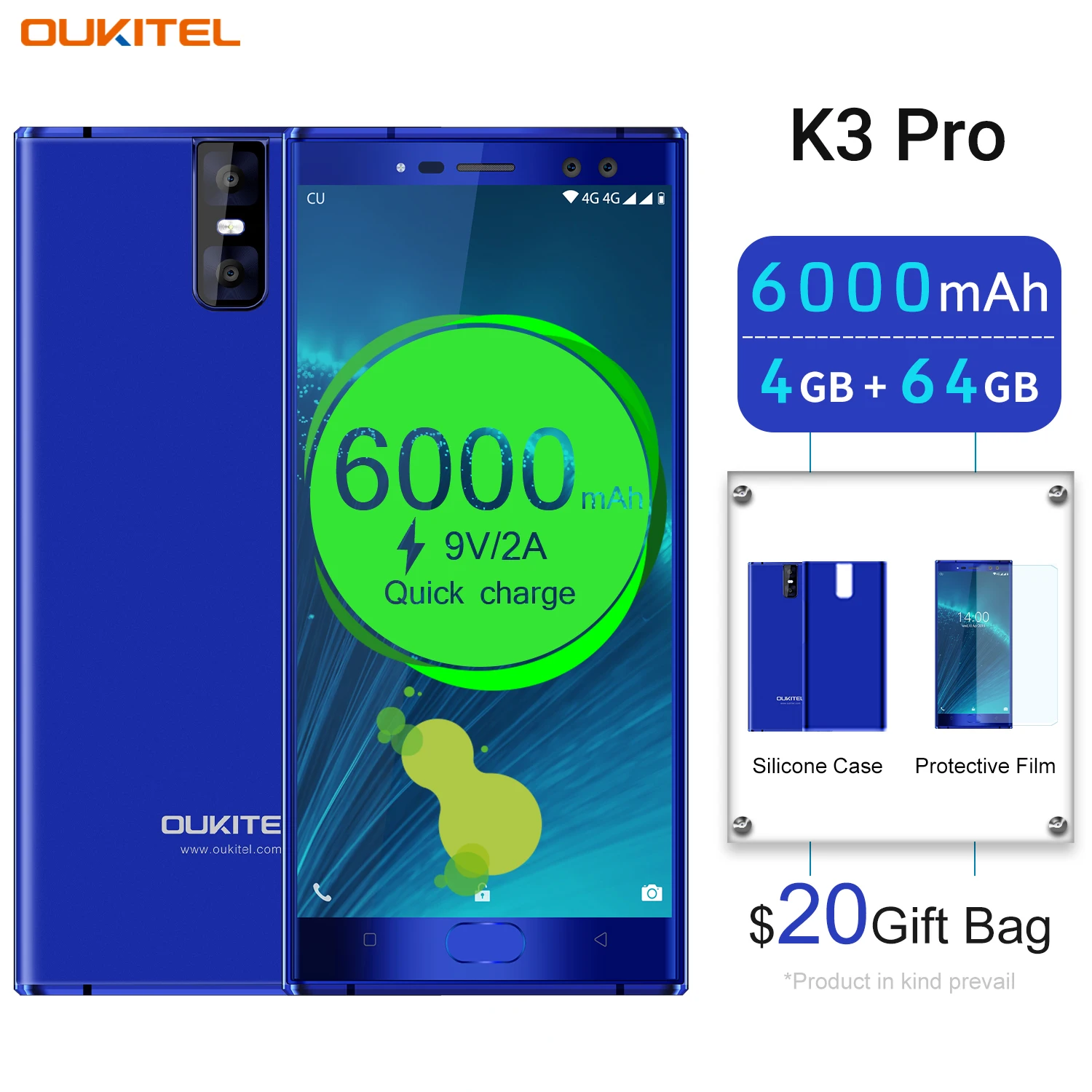 Смартфон Oukitel K3 Pro 4 Гб + 64 ГБ 5 5-дюймовый двойной экран 2.5D Восьмиядерный мобильный