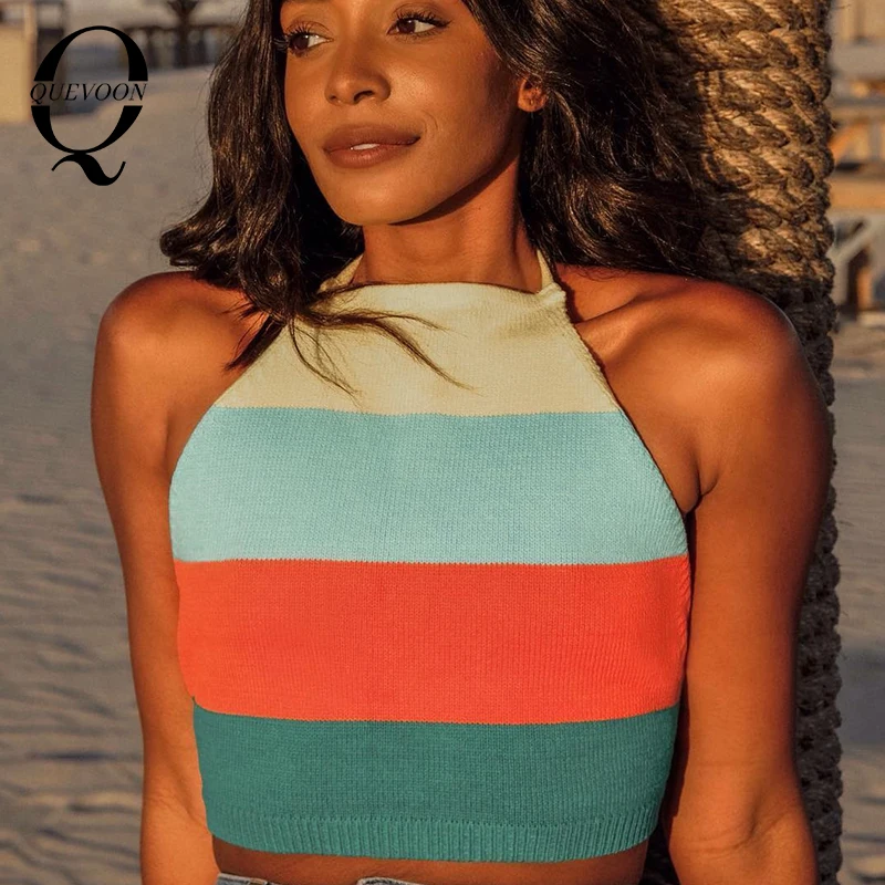 Женские топы на бретельках QUEVOON в радужную полоску со шнуровкой модные летние