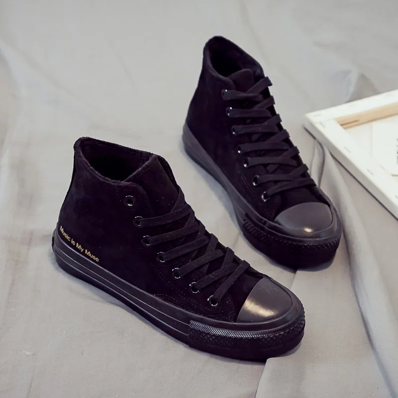 High-top Shoes Women Winter New Non-slip Solid Color Letter Flock Shoes Comfortable Flat Casual Women's Vulcanize Shoes