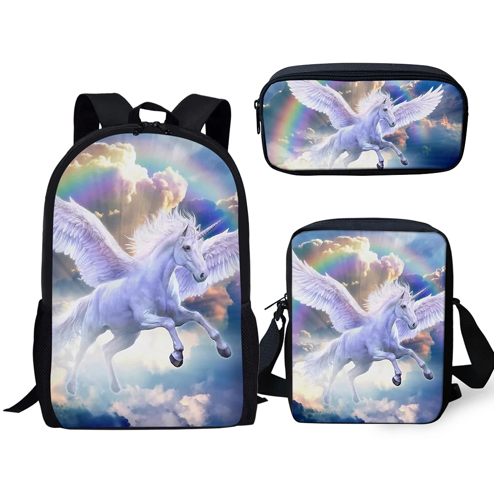 HaoYun Fashion Kids 3PCs Set Backpack Cute Horse Pattern School Bag Students Fantasy Unicorn Prints Backpack/Flaps Bag/Pen Bags