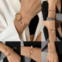 pearl thick chain round bracelet womens hollow geometric pin gold color bracelet fashion trend party jewelry girl gift 2020 new