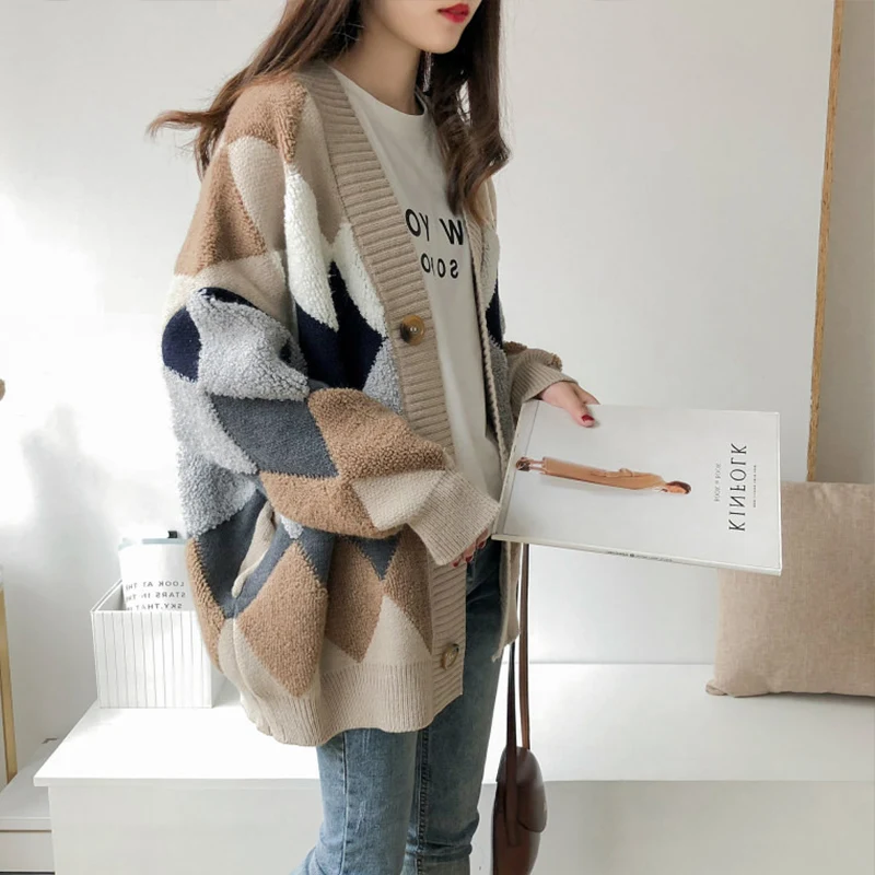 TIGENA Loose Plaid Long Cardigan Women 2020 Autumn Winter Sleeve Knitted Sweater Female Jacket |