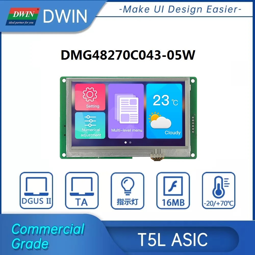 

DWIN 4.3 Inch 480*270 Smart LCD TFT Display Module HMI IPS Commercial Grade UART LCM Serial Port Screen DMG48270C043-05W