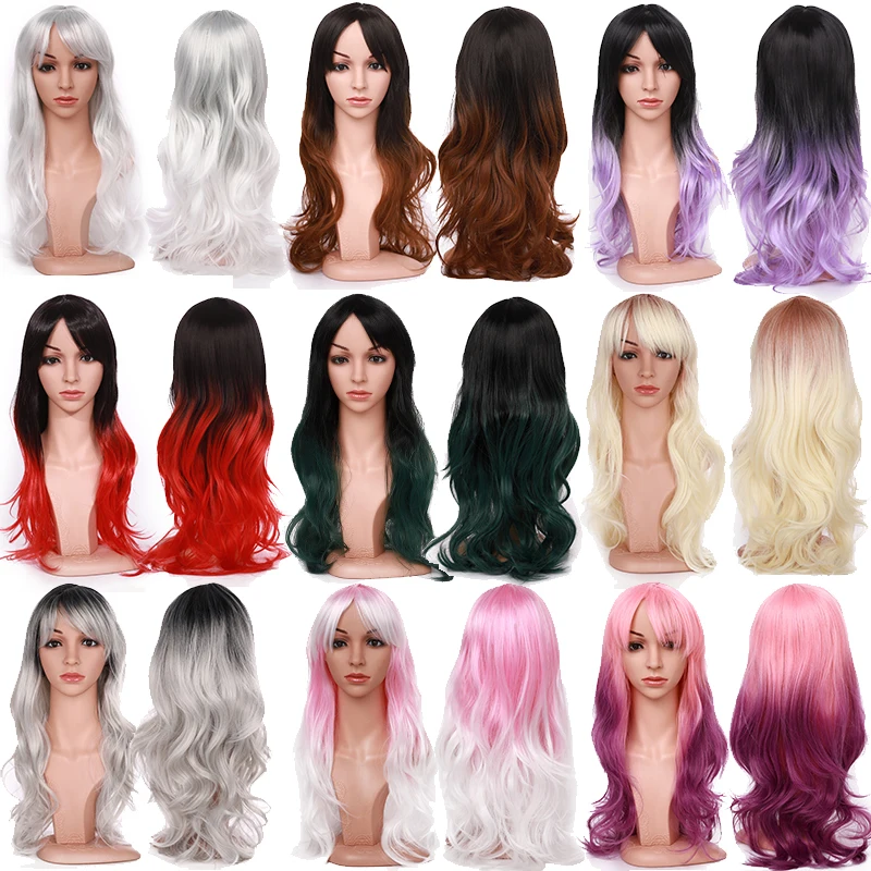 BENEHAIR Cosplay Wig With Bangs Synthetic Ombre Red Pink Purple Green Long Wavy Hair Heat Resistant Fake For Women | Шиньоны и парики