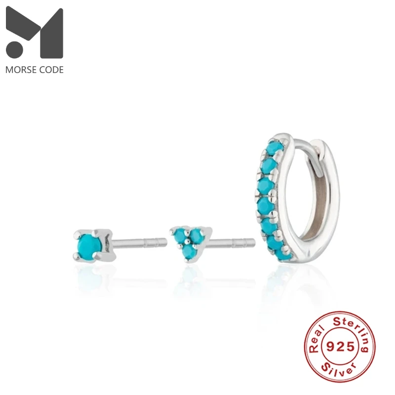 

MC 3 in 1 Turquoise Blue Earrings 3 pcs / Set Sterling Silver Piercing Stud Women Ear Hoops New Retro Charm PendientesPlata925