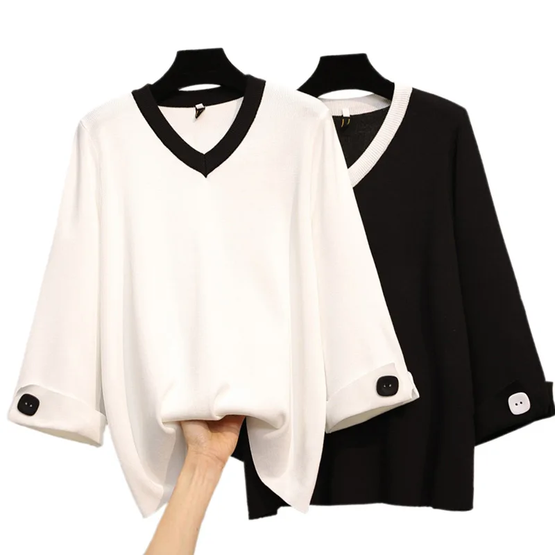 

Large Size Sweaters Women Fashion Loose Patchwork Black White Knitted Sweater Female Oversize Tops Pullover 2021 Autumn Winter