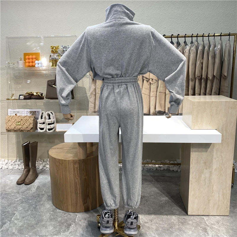 

Brand Original Design 2021 New Half Zipper Collar Long-sleeved Casual Hoodie + Show Thin Loose Tall Waist Trousers Suit