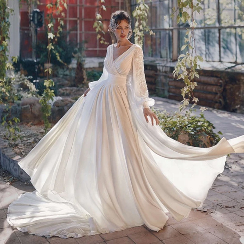 

#4221 Gorgeous Elegant V-Neck Long Sleeve Backless Chiffon A-Line Lace Sweep Train Wedding Dress Bridal Gown Vestido De Noiva