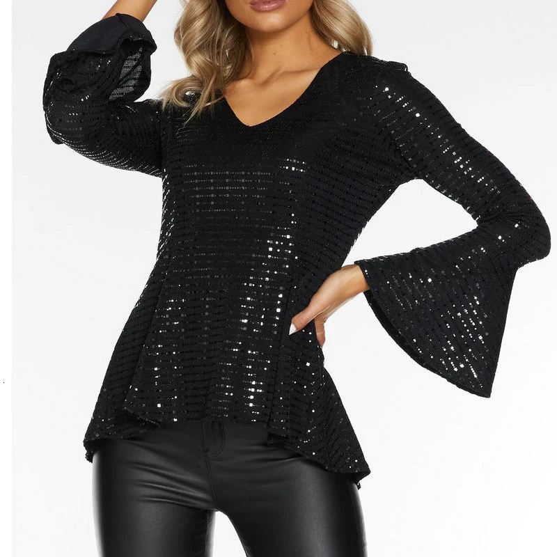 Блестящие сексуальные черные женские топы и блузки с длинным рукавом v образным