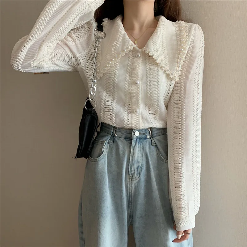 

2021 осенние модные женские топы с длинными рукавами и воротником Питер Пэн, элегантные кружевные офисные женские блузки с вырезами