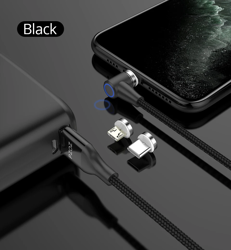 Магнитный кабель PZOZ 90 градусов usb c Micro usb type C для быстрой зарядки, магнитное зарядное устройство Microusb type-C для iphone Xs MAX xiaomi usb-c