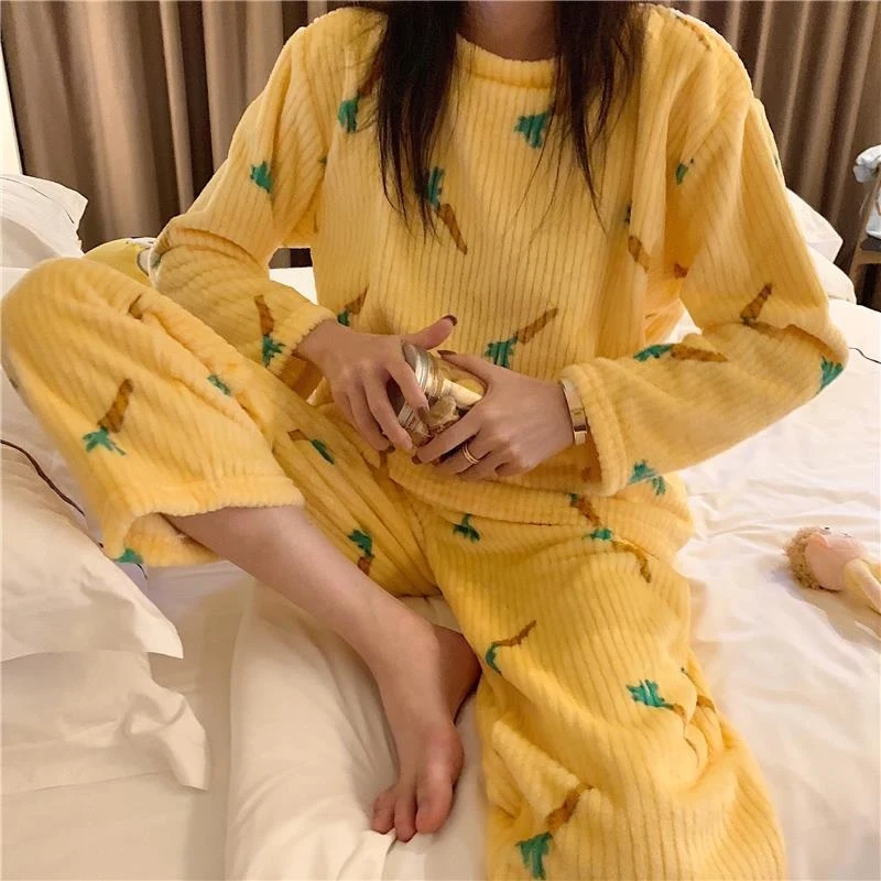 

Coral Velvet Carrot Print Harajuku Cute Long Sleeve Long Pants Pajamas Set For Women Autumn Winter Thick Warm Homewear Sleepwear