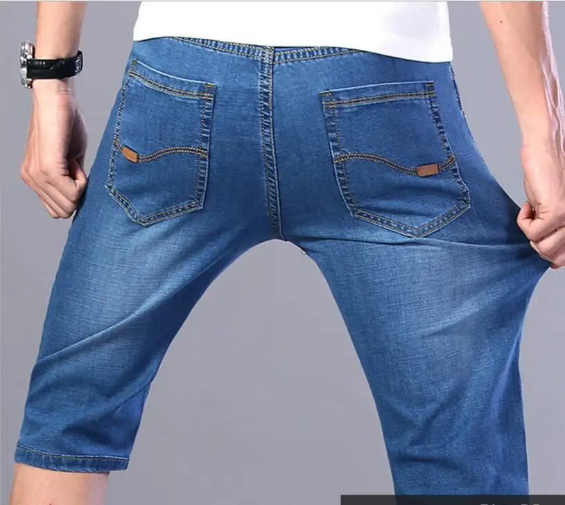 

Summer Stretch Blue Denim Shorts For Man Cotton Casual Thin Shorts Jeans Good Quality Man Straight Fit Knee Length Jeans 40