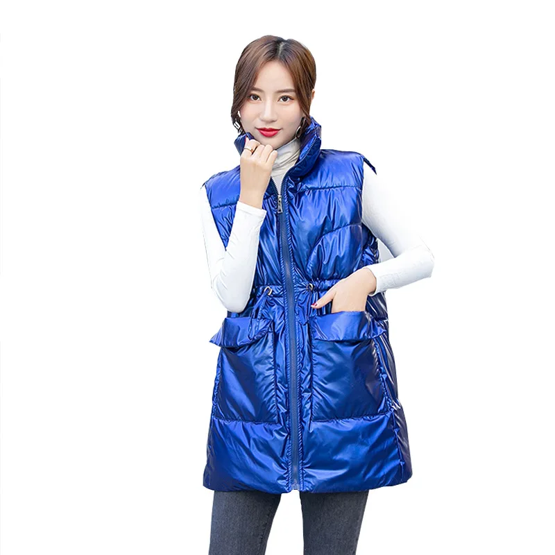 

Women Autumn Winter Short Sleeveless Stand Collar Glossy Drawstring Vest Coat Warm Outwear Puffer Jacket Cotton Padded Parkas