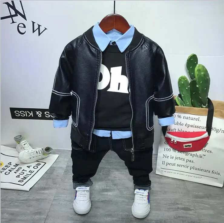 Autumn Winter Fashion Toddler Kids Clothing Set Baby BoysFaux leather Jacket + T-Shirt + Shirt + Jeans 4pcs Boys Outfits Clothes