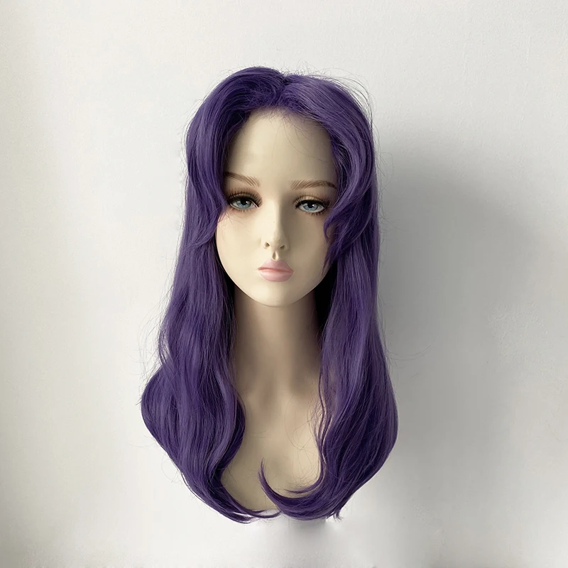 Katsuragi Misato Cosplay Wig Purple Long Wavy Heat Resistant Synthetic Hair Anime Wigs + Wig Cap