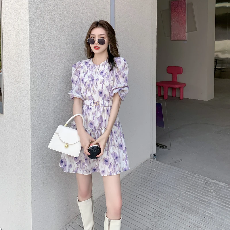 

Uulutonica Summer Women Elegant Fashion A-line Print Half Sashes Above Knee, Mini Puff Sleeve Empire O-neck Chiffon Dress