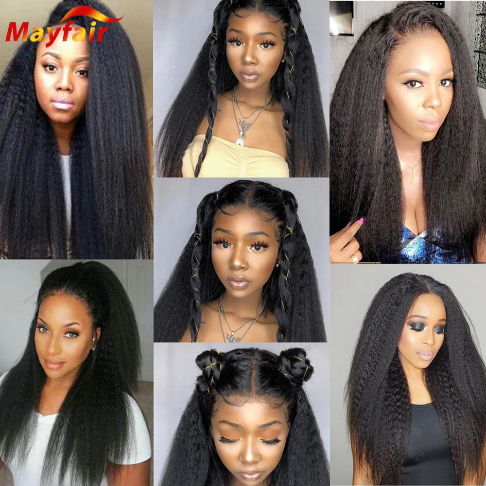 

28 Inch Lace Front Wig Kinky Straight Lacefront Frontal Human Hair Closure Yaki Wigs Pre Plucked for Black Women 4x4 13x4