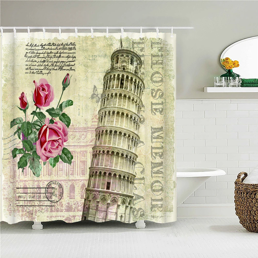 

Leaning Tower of Pisa Shower Curtain Bathroom Curtains European Retro Paris Tower Print Waterproof Polyeste Cloth Bathtub Decor