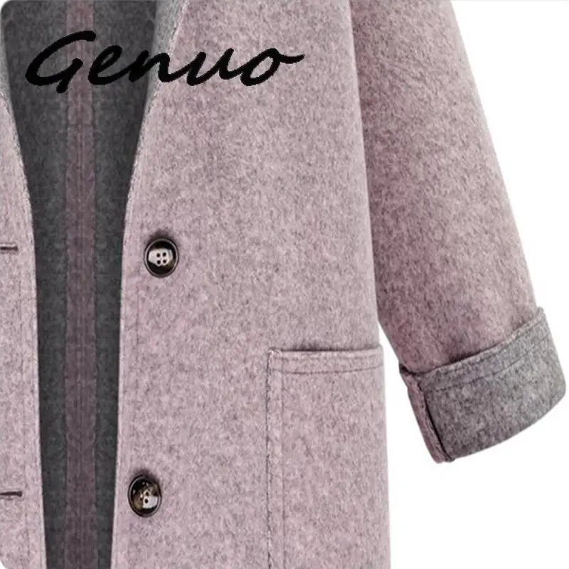 

New Autumn Winter Women Coat Plus Size Fashion Loose Single Breasted Pockets Solid Woolen Blends Coat For Women Larger Outerwear
