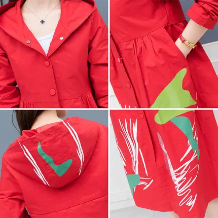 

2019 spring and autumn new Korean women's windbreaker jacket ladies single-breasted printed hooded windbreaker Femme coat