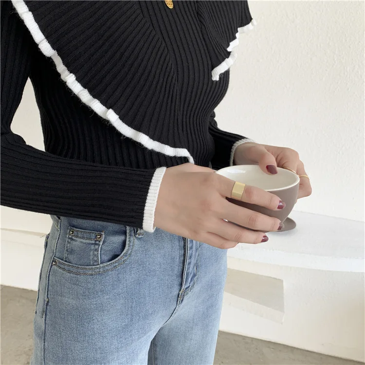 

Ol Style O Neck Ruffle Knit Jumper Sweater Women Knitted Long Sleeve Shirt green apricot Korean Fashion Sweaters and Pullovers