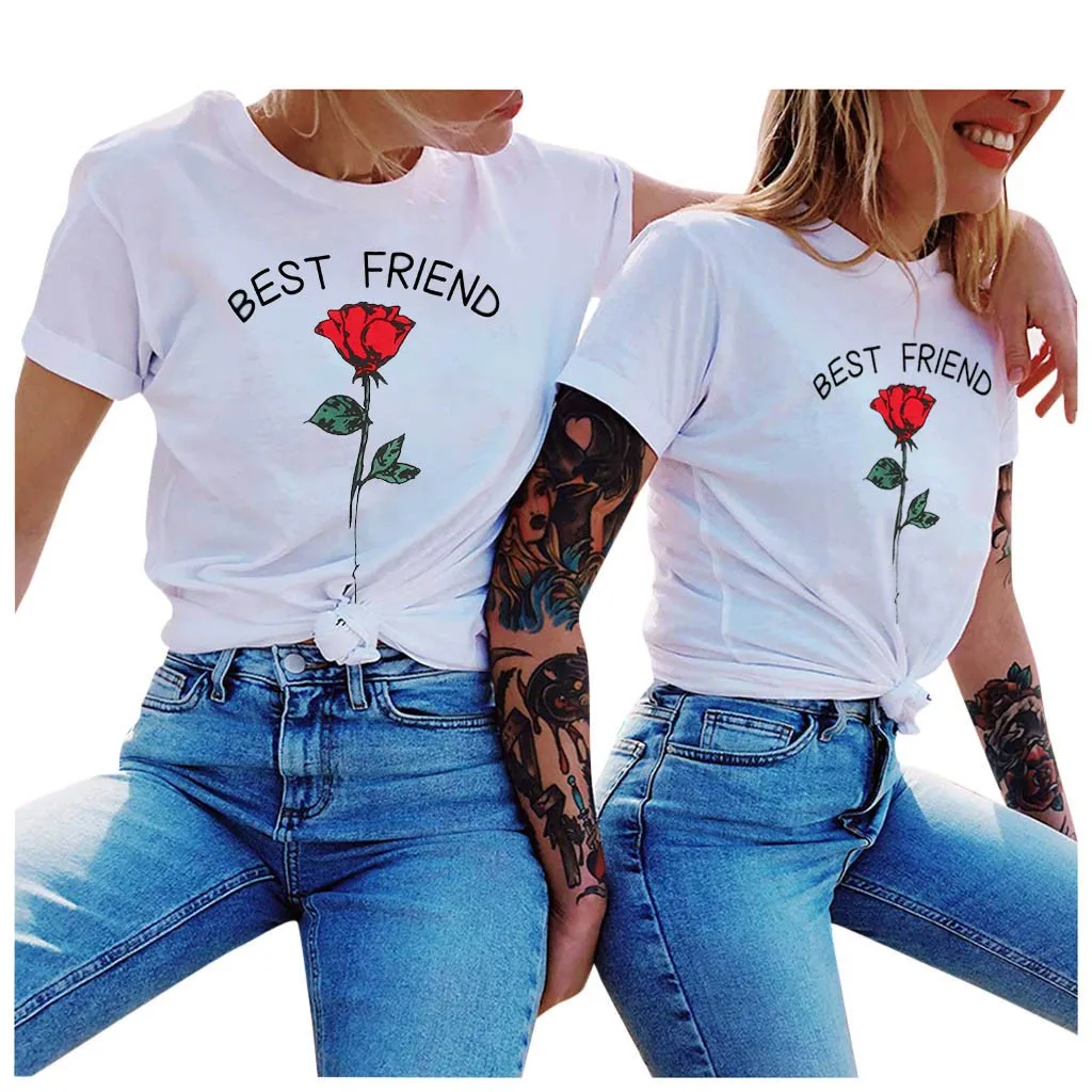 Женские футболки с надписью Best Friend и принтом розы повседневные топы летняя