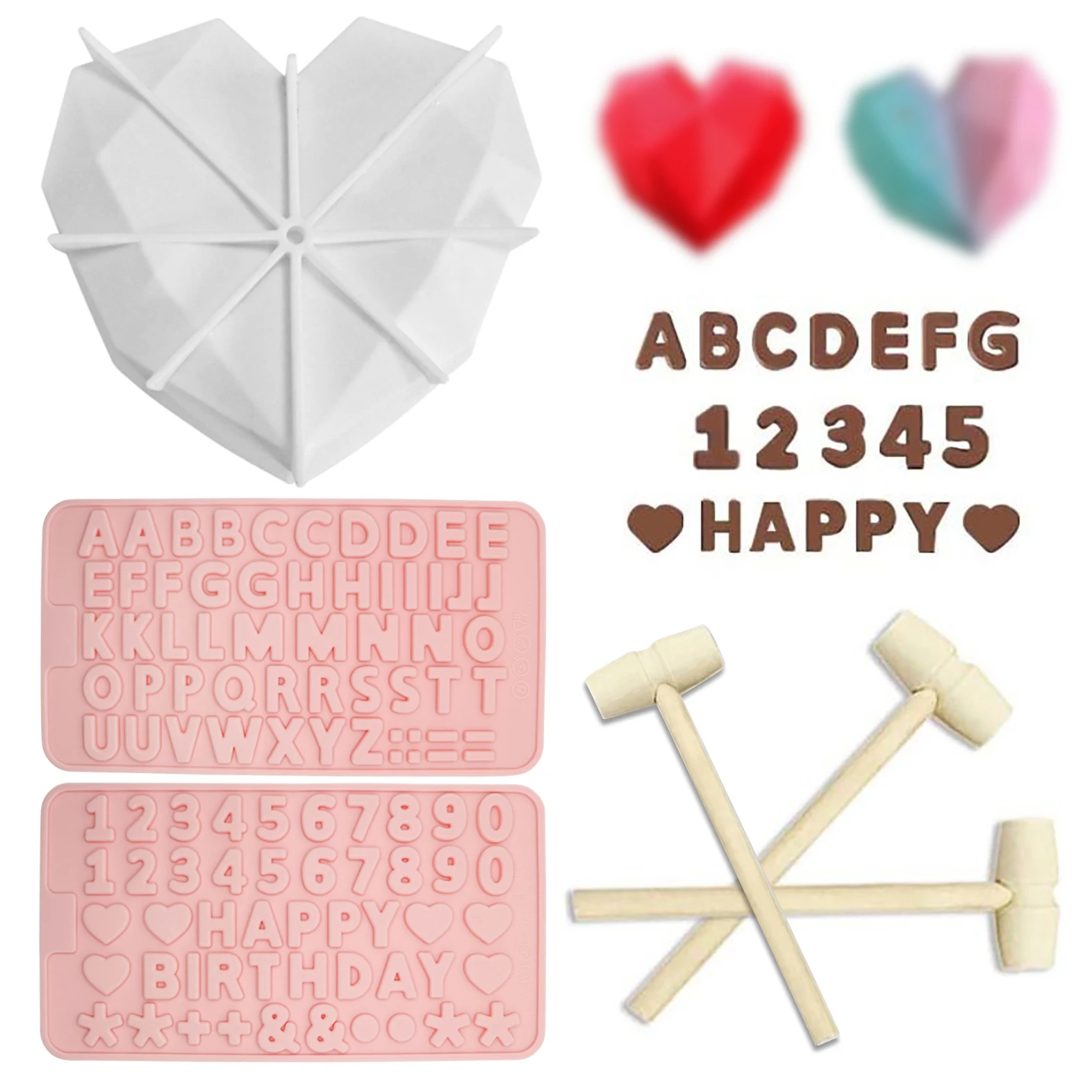 

5pcs/set 3D Diamond Love Heart Shape Silicone Mold With Hammers Chocolate Letter Number Mould Chiffon Mousse Dessert Cake Mold