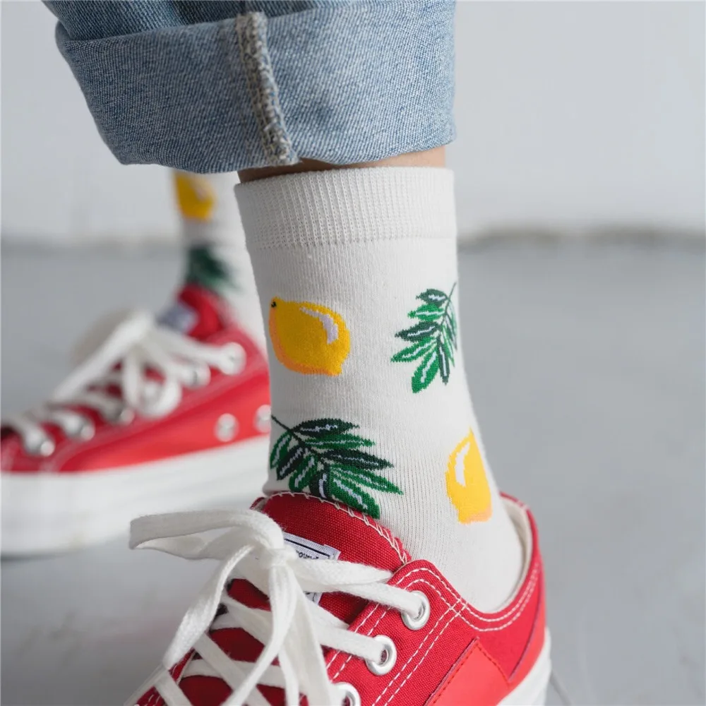 Korean Fresh Fruits Socks Lemon Avocado Pineapple Cherry Blueberry Orange Gardenias Banana Flamingos Plumerias