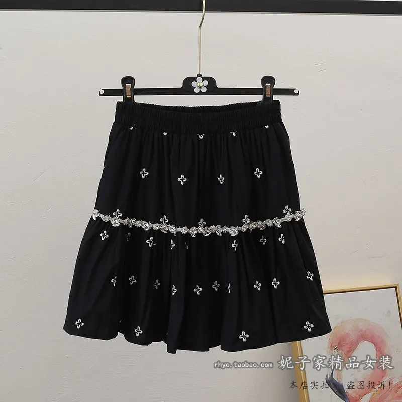 

2021 Summer New Diamond Beaded Embroidery Flower Pleated Skirt Ladies High Waist All-Matching A- line Skirt for Women