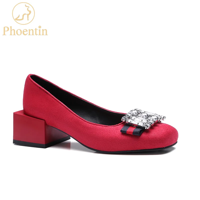

Phoentin rhinestone high heel pumps flock slip-on shoes women square heels Ladies anti-slip loafers yellow red plus size FT746