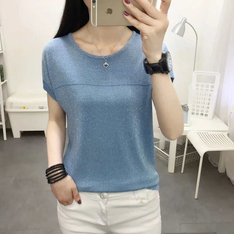 

Summer Female Knitted Short-sleeved T-shirts Tops Women Stretchy Shinning Thin Stretchy Tshirt Tee Real Photos