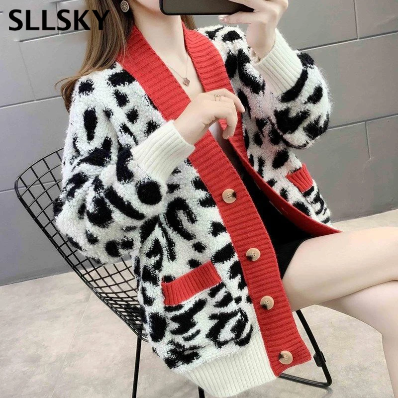 Sllsky желтый вязаный кардиган с леопардовым принтом в Корейском стиле женские