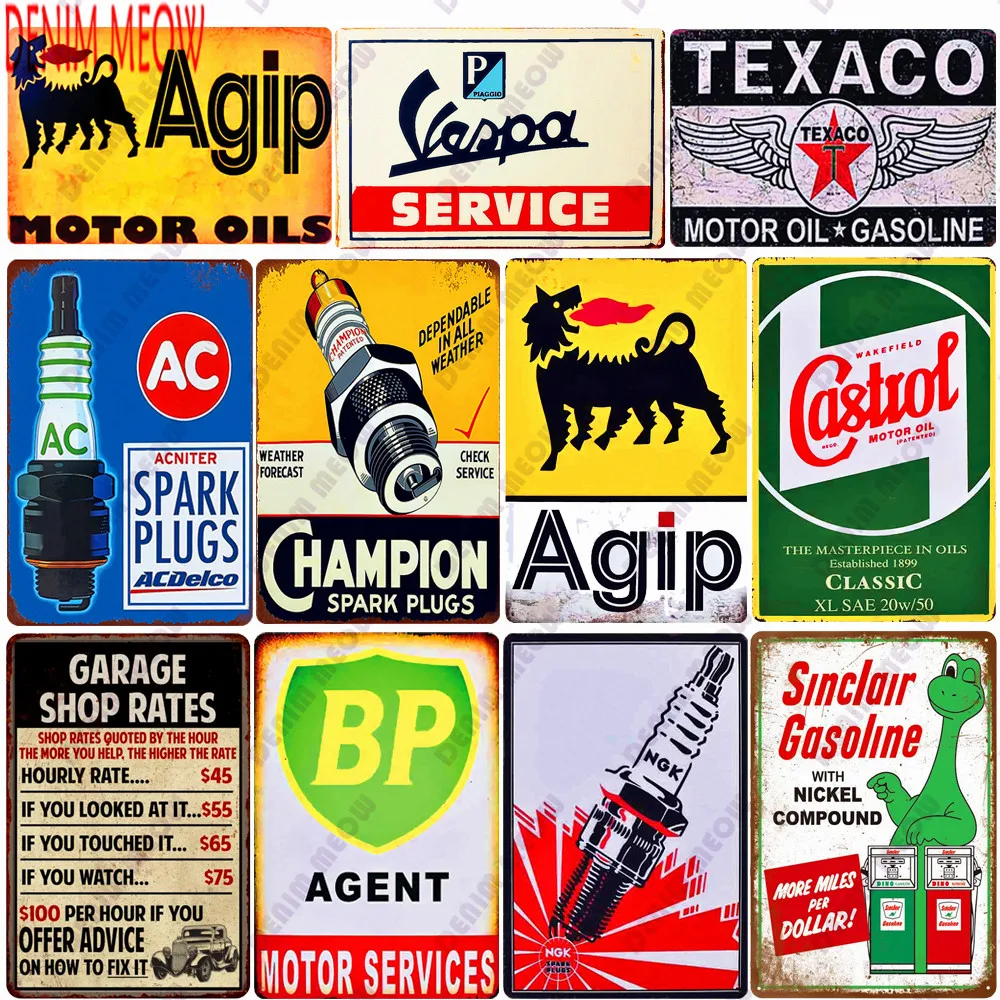 

Vintage Spark Plugs Metal Tin Signs Vespa Motor Oil Gas Service Iron Plates Garage Pub Club Art Painting Posters Home Decor WY20