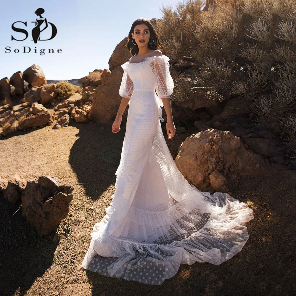 

Женское свадебное платье в горошек, с открытыми плечами и рукавом до локтя