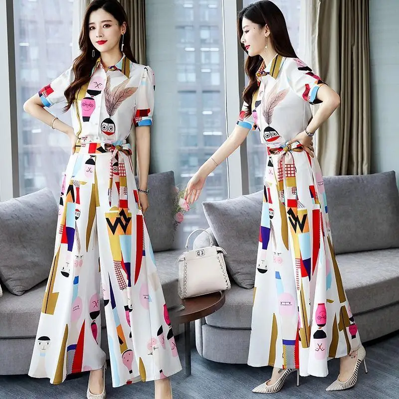 Женский костюм-двойка размера плюс шифоновый костюм-рубашка с коротким рукавом и