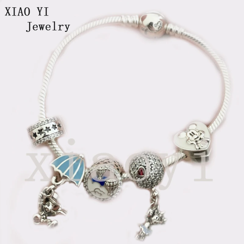 

XIAOYI 2020 new 100% s925 Blue umbrella mouse hot air balloon cat's eyes love hollowed out beads popular bracelet female