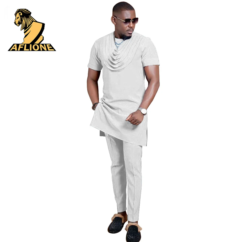 Africa Men's Clothing Dashiki Crew Neck Short Sleeve Shirt with Pant Two Piece Suit Casual Tracksuit for Party v2116055
