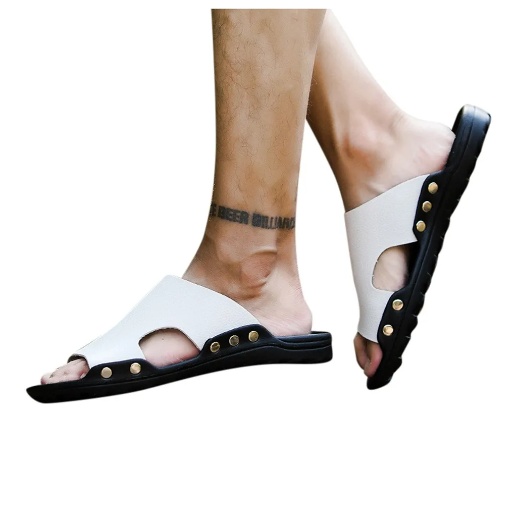 Мужские кожаные шлепанцы пробковые пляжные Тапки с открытым носком однотонные